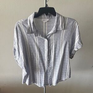 Japna White and Blue Vertical Stripe Button-Front Short Sleeve Top